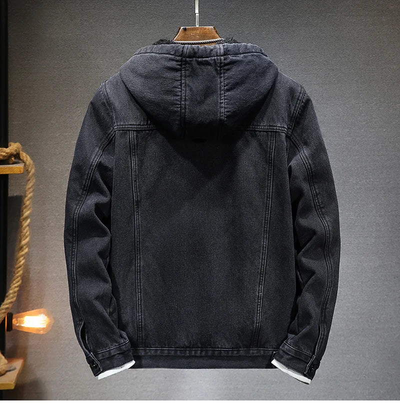 Giacca Jeans Uomo Invernale Termica Spessa Con Cappuccio In Pile Denim Casual Fit Trend