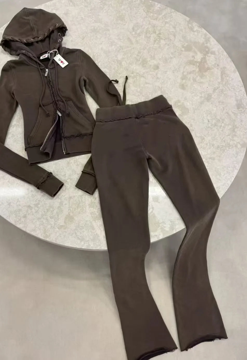 Outfit Da Donna Tre Pezzi Abito Casual Con Spalline Spazzolate E Contrasti Cardigan Con Cappuccio Pantaloni Svasati