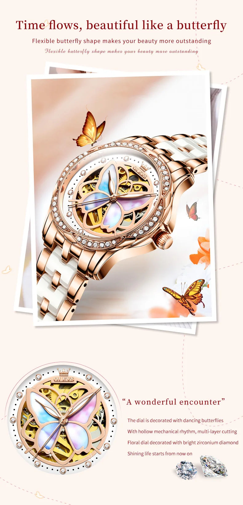 OLEVS Orologio Da Donna Meccanico Automatico In Ceramica Lunetta Originale Impermeabile Luminoso Quadrante A Farfalla