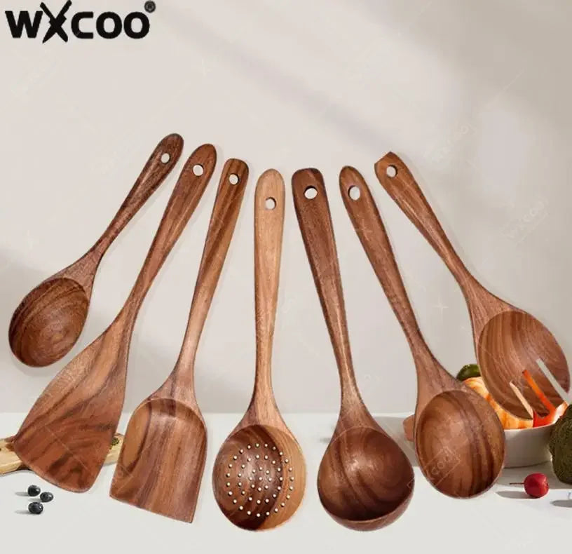Wxcoo Cucchiai Da Cucina In Legno Di Teak Naturale Set Spatole E Paletta In Legno Antiaderente Utensili Da Cucina
