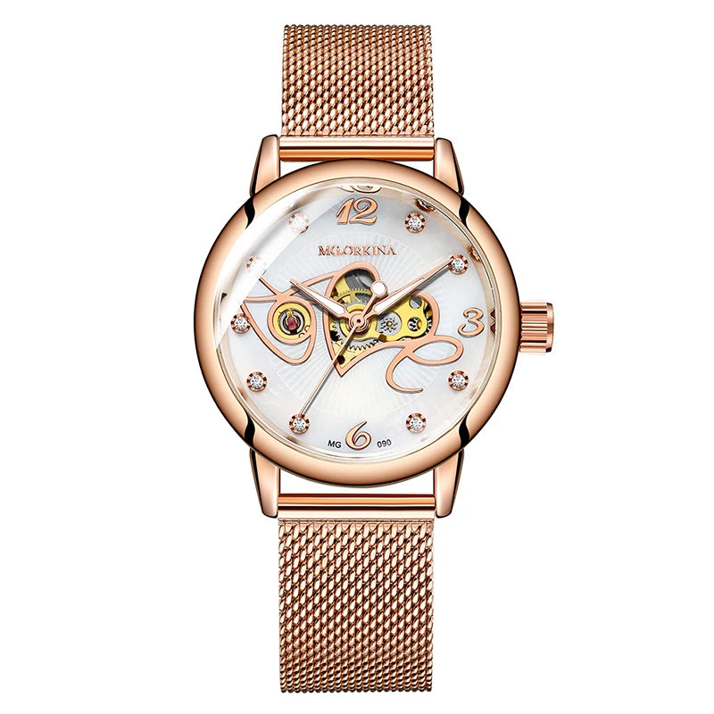 Orologio Automatico Da Donna Orkina Scheletrato Nero Con Cinturino Rete In Acciaio Inossidabile Lusso Per Affari