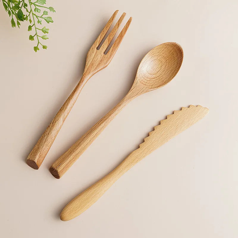Set Utensili In Legno Da Cucina E Pranzo Con Cucchiaio Forchetta Coltello Da Bistecca Portatile All Aperto Multiuso