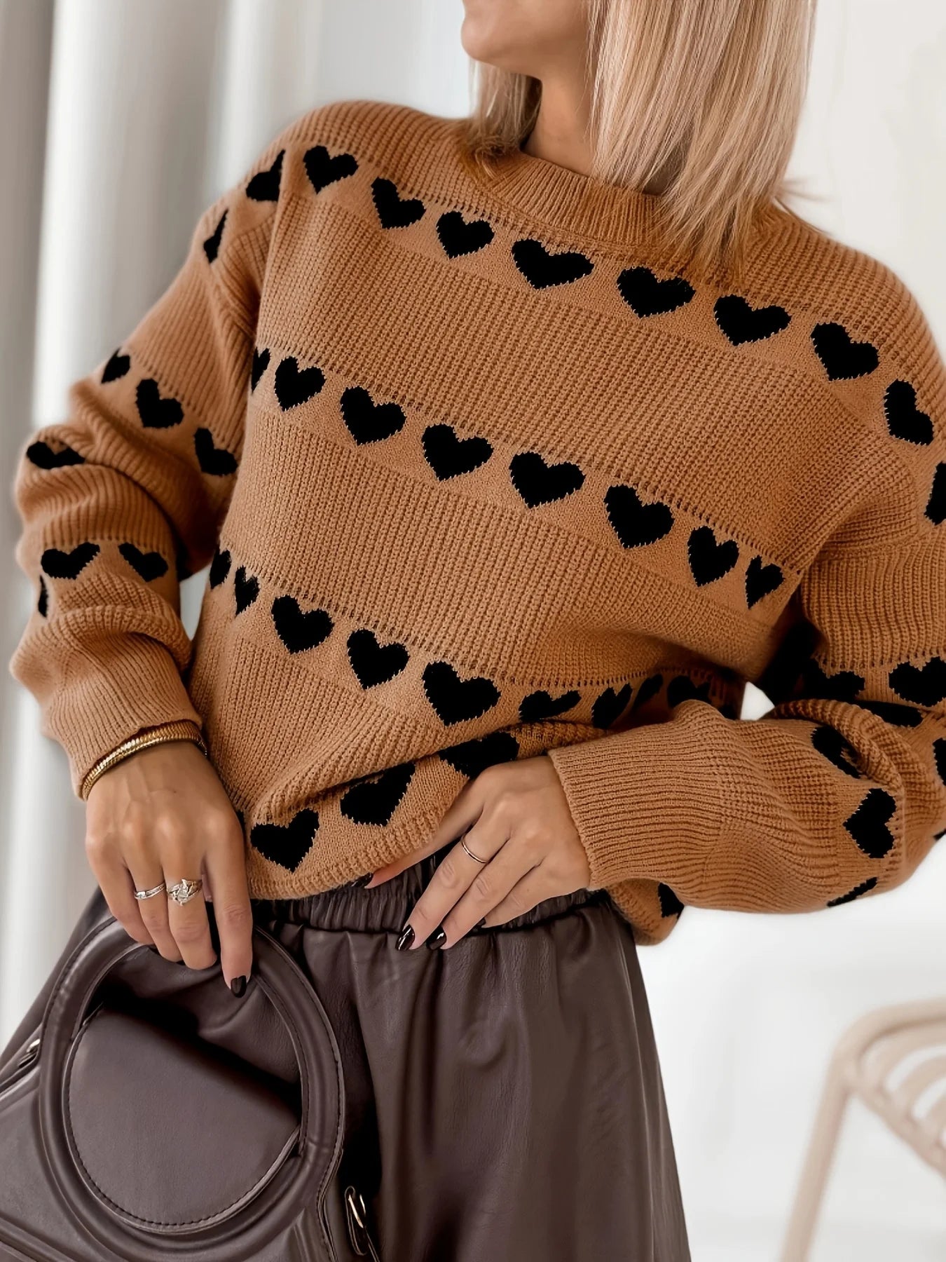 Maglione Donna Elegante Lavorato a Maglia con Motivo Jacquard a Cuore Girocollo Primavera Autunno Top Casual