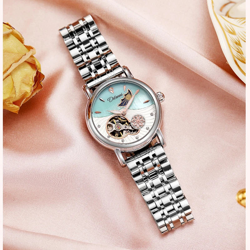 Orologio Da Donna Automatico Impermeabile Con Fasi Lunari E Fiori Girevoli Lusso Di Marca Pregiata