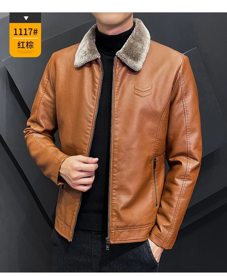Giacca In Pelle Ispessita Da Uomo Invernale Con Cerniera E Bavero Design Taglie Forti Bomber