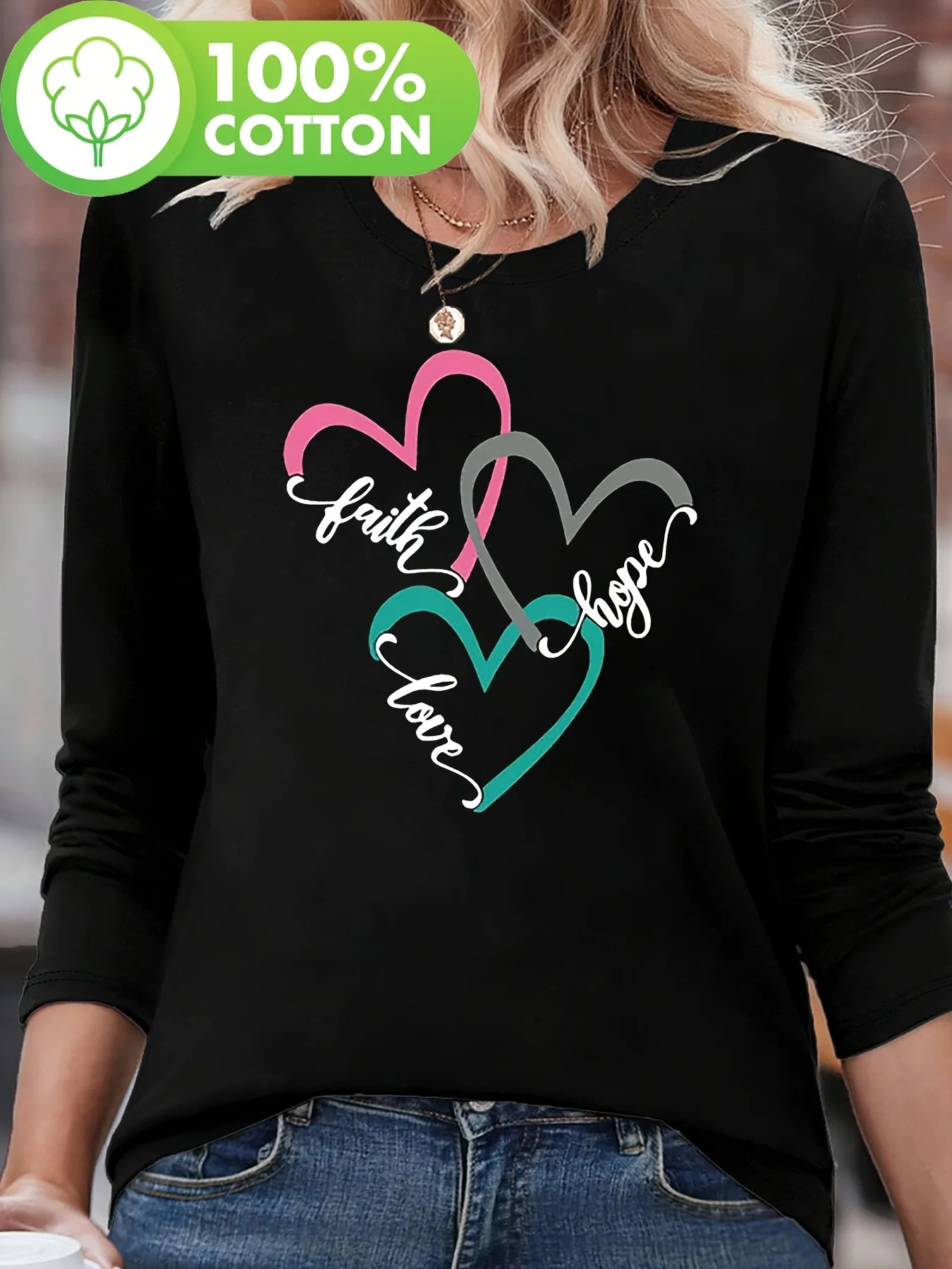 T Shirt Da Donna Autunno Inverno 100 Percento Cotone Con Stampa Cuore Girocollo Maniche Lunghe
