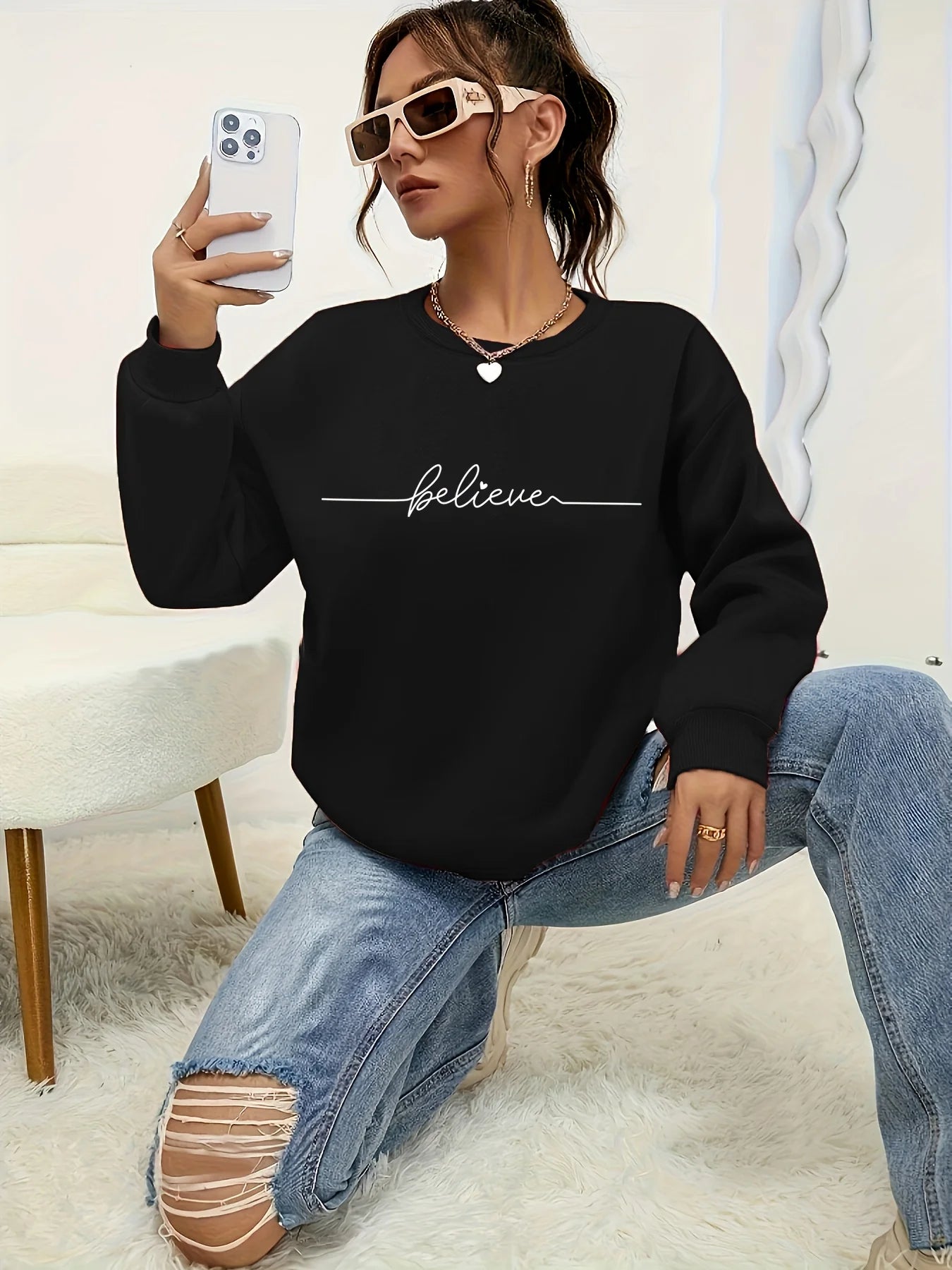 Felpa Donna Con Stampa Cuore Design Geometrico Manica Lunga Girocollo Lavabile In Lavatrice Vestibilità Regolare Autunno