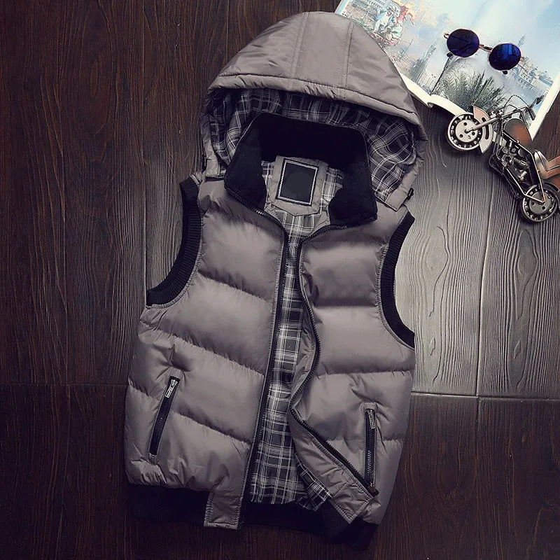 Gilet Invernale Imbottito Da Uomo Con Cappuccio In Cotone Colore A Contrasto Senza Maniche Caldo E Spesso