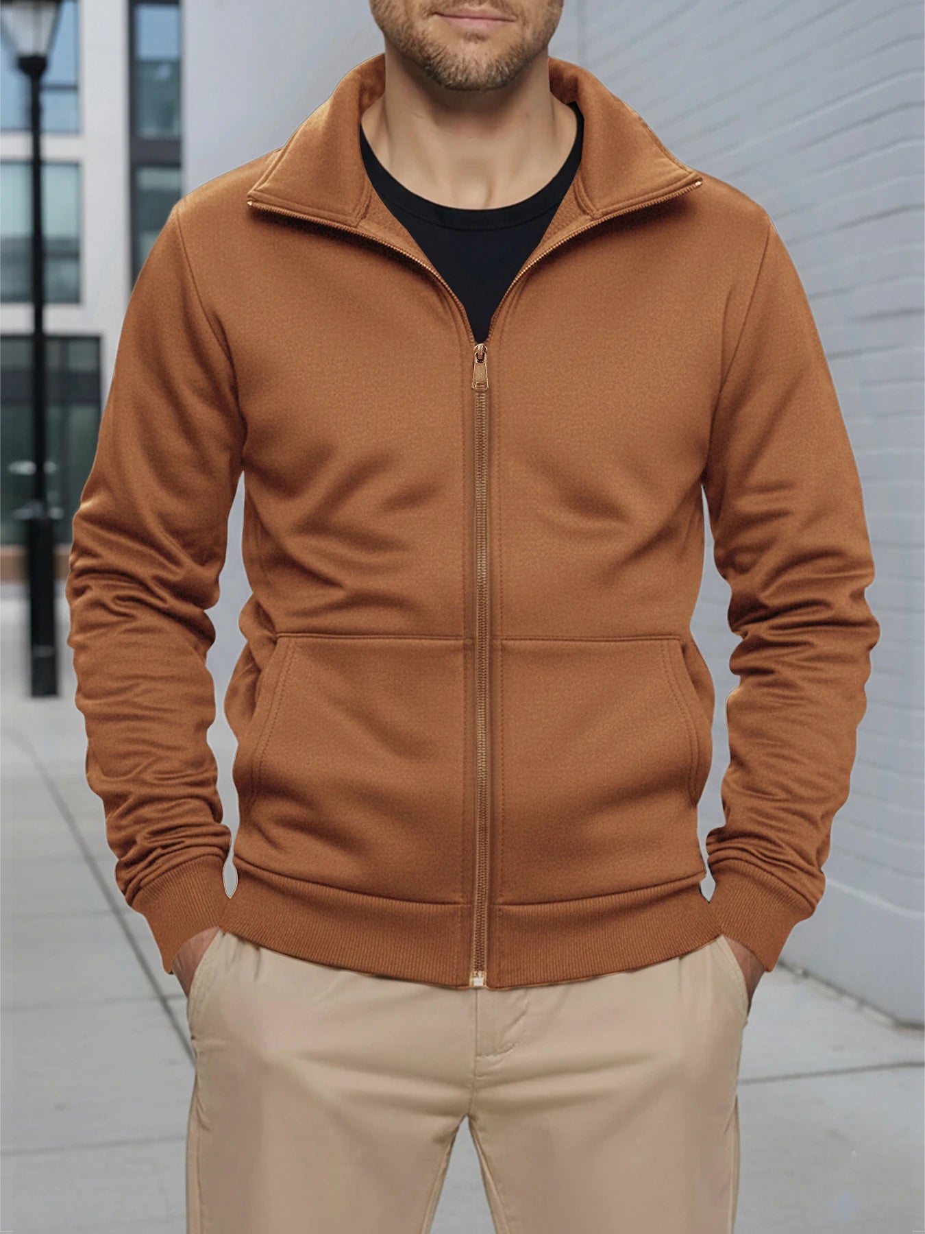 Giacca Uomo Con Cerniera Slim Fit Esterno Streetwear Tinta Unita Calda A Maniche Lunghe Per Primavera Autunno