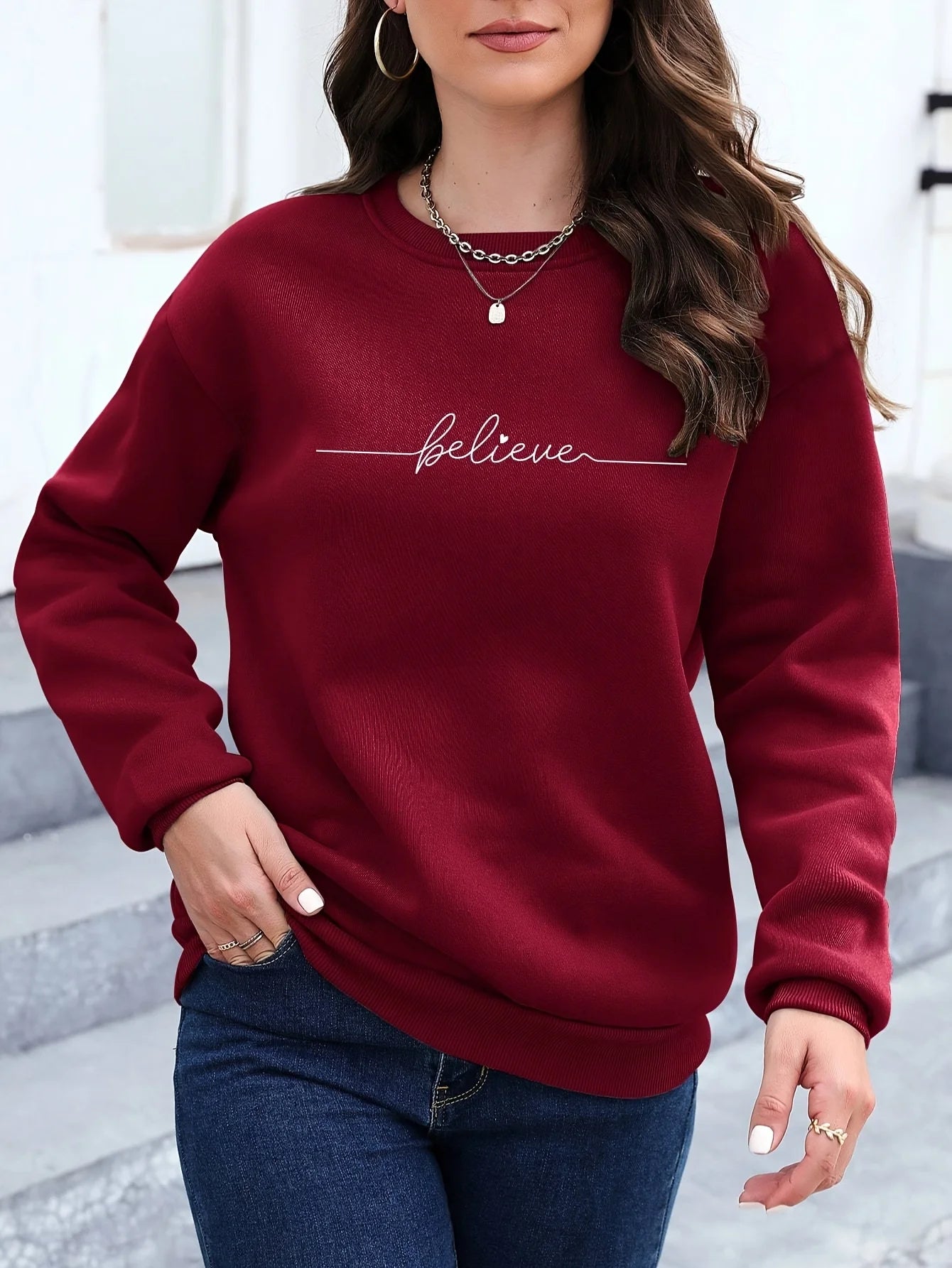 Felpa Donna Con Stampa Cuore Design Geometrico Manica Lunga Girocollo Lavabile In Lavatrice Vestibilità Regolare Autunno