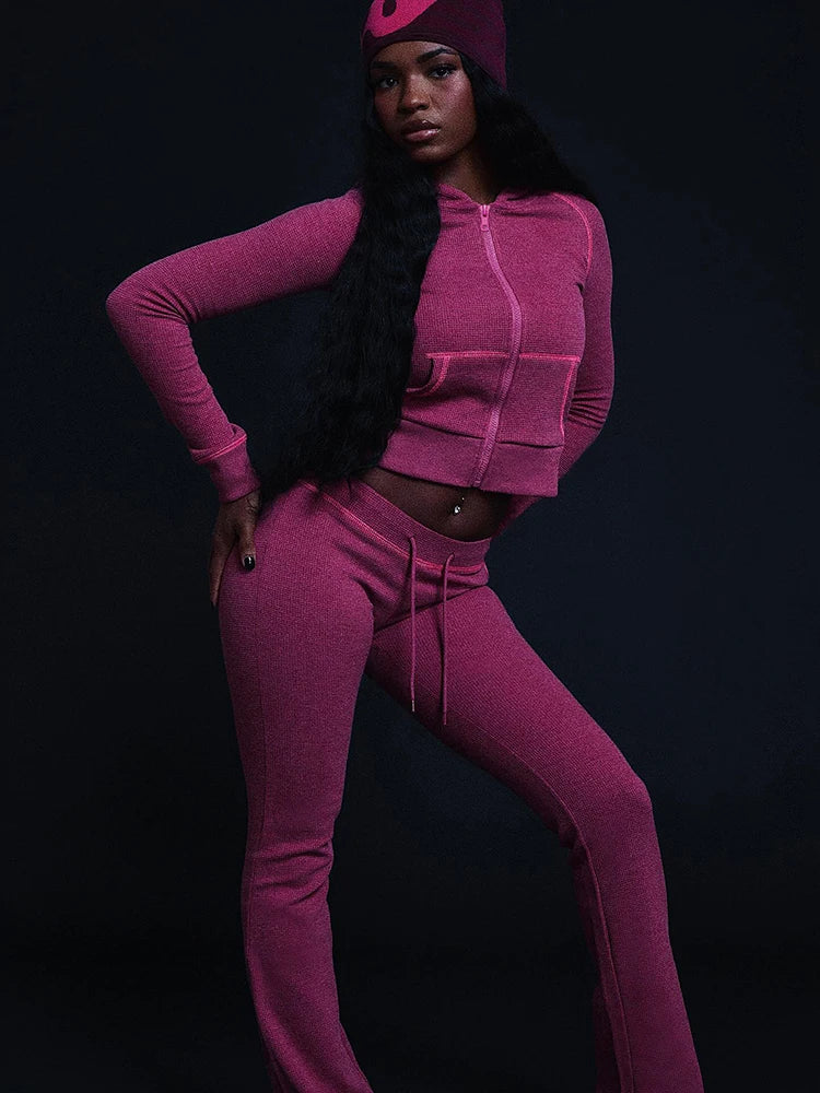 Weird Puss Tuta Donna Due Pezzi con Cappuccio Zip Tasca Giacca Pantaloni Svasati con Coulisse Casual Sportiva Slim Outfit