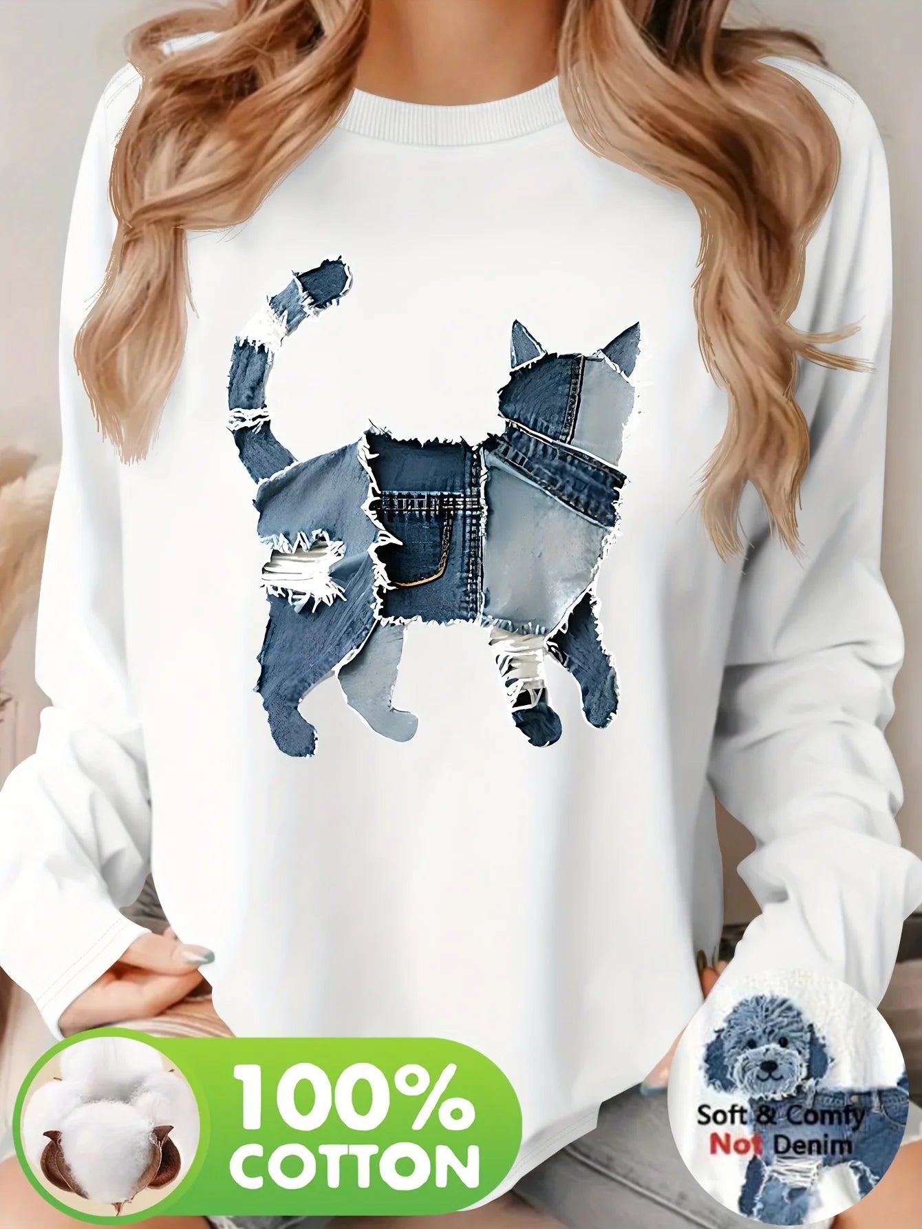 T Shirt Da Donna Autunno Inverno 100 Percento Cotone Con Stampa Cuore Girocollo Maniche Lunghe