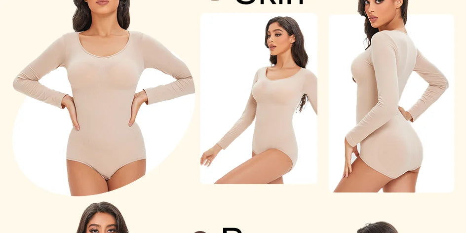 Pokarla Body Suit Spandex Elastico Shapewear Donna Controllo Pancia Manica Lunga Cavallo Aperto Girocollo Shaper