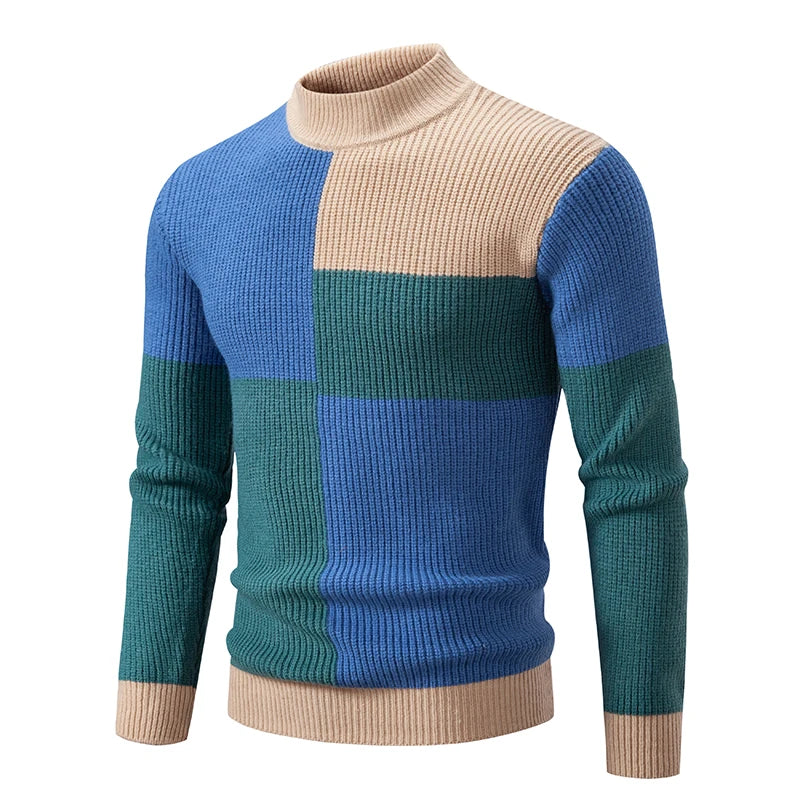 Pullover a Collo Finto da Uomo Patchwork Slim Fit Maglione Lavorato a Maglia Autunno Inverno