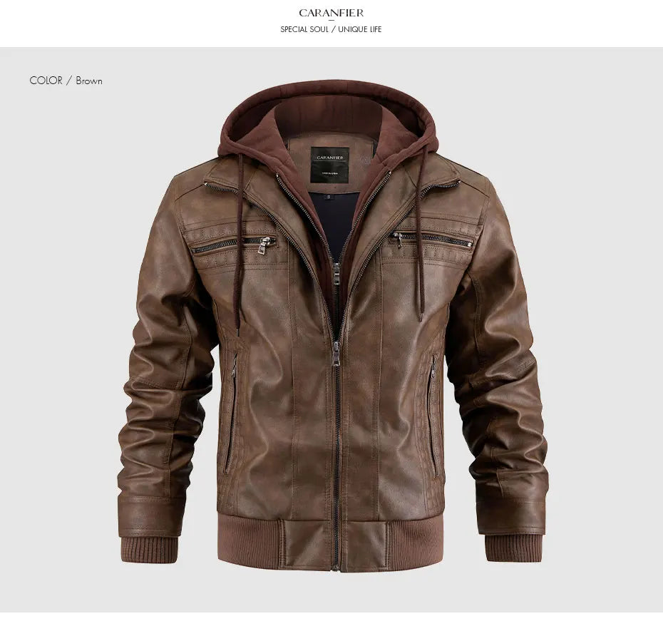 Giacca Di Pelle Per Uomo Moto Biker Con Cappuccio Lusso Vintage Abbigliamento Uomo Grintoso