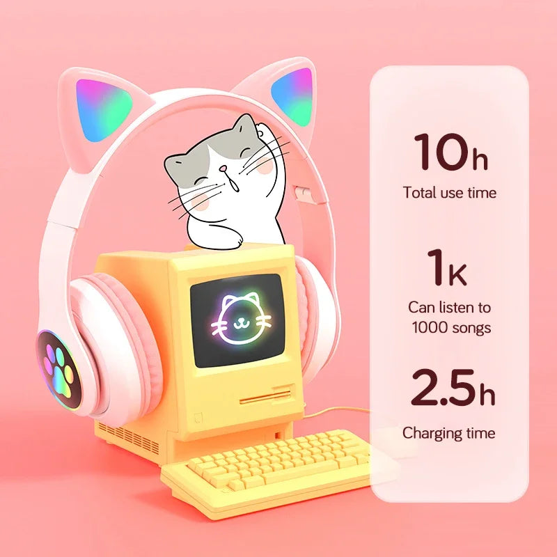Lampada Cuffie Orecchie Di Gatto Bluetooth 5 0 Stereo Microfono Slot TF Auricolare Wireless Ragazze Bambini Regalo