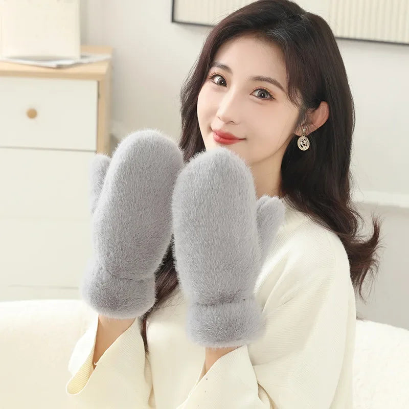Guanti In Peluche Spessi E Caldi Con Cashmere E Pelliccia Di Coniglio Imitazione Per Donne Antivento Con Dita Intere
