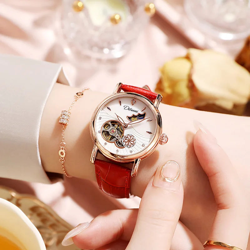 Orologio Da Donna Automatico Impermeabile Con Fasi Lunari E Fiori Girevoli Lusso Di Marca Pregiata