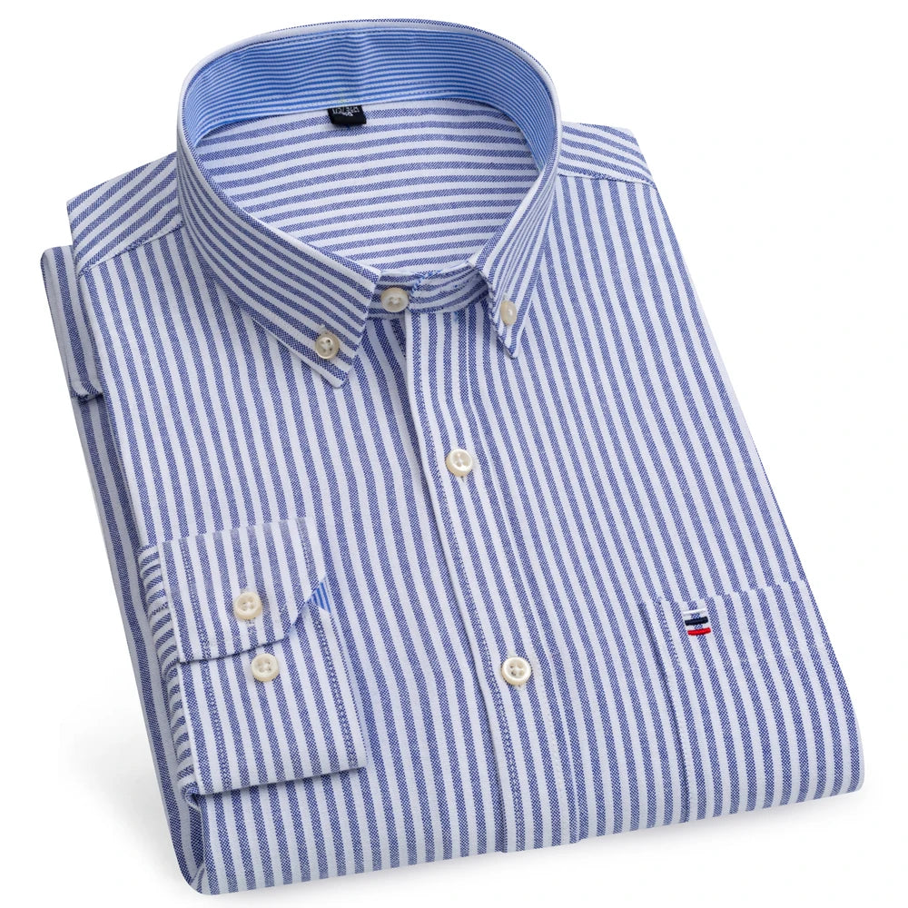 Camicia Da Uomo Oxford Abbottonata Maniche Lunghe In Cotone Al 100 Percento Con Tasca A Quadri Piccoli Stile Casual