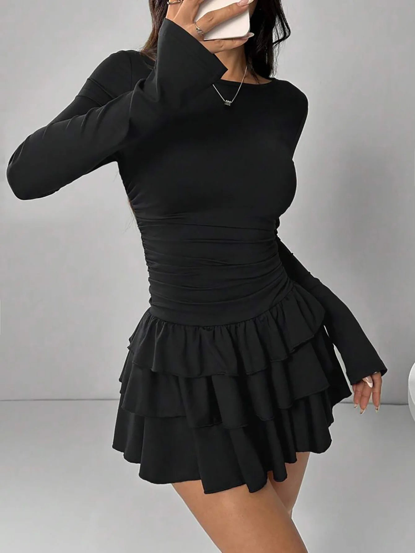 Abito Da Donna Slim Fit Autunno Inverno Midi Vita Alta Empire Tinta Unita Con Increspature E Maniche Svasate