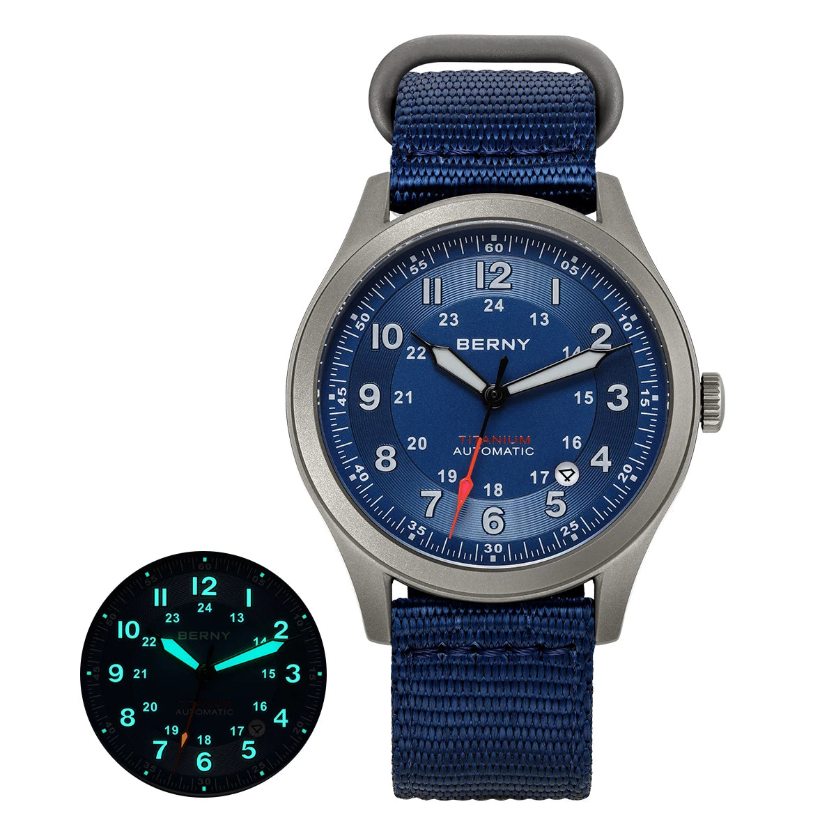 BERNY Orologio Da Campo Da Uomo Automatico In Titanio Con Vetro Zaffiro Luminoso Calendario 10ATM Impermeabile Da Pilota