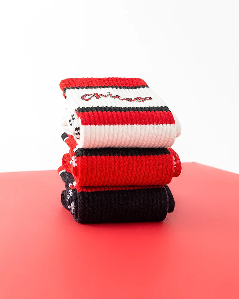 Calzini Unisex In Cotone Casual Per Skateboard Da Strada Neri E Rossi Con Cucitura Rinforzata
