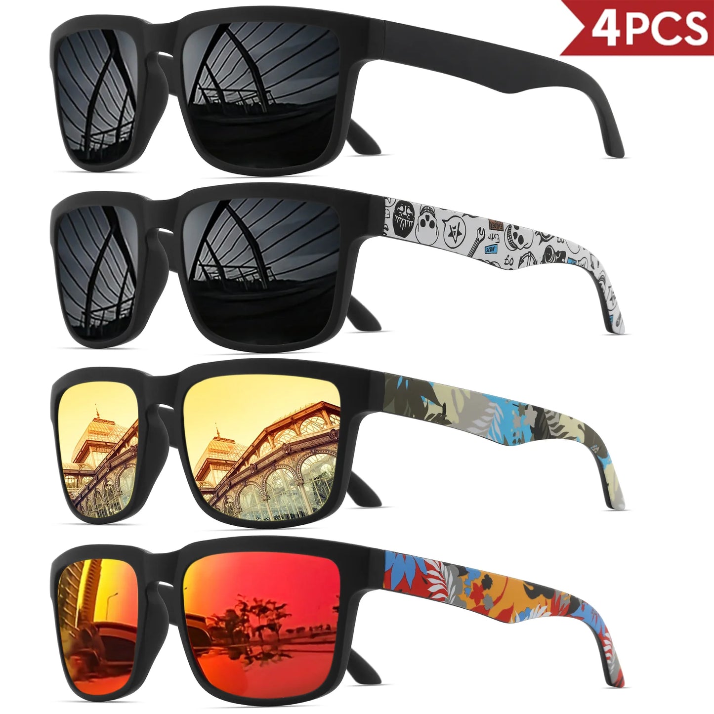 Occhiali Da Sole Sportivi Quadrati 4 Pezzi Motivo Tempio Design UV400 Per Uomini E Donne Vacanze Al Mare