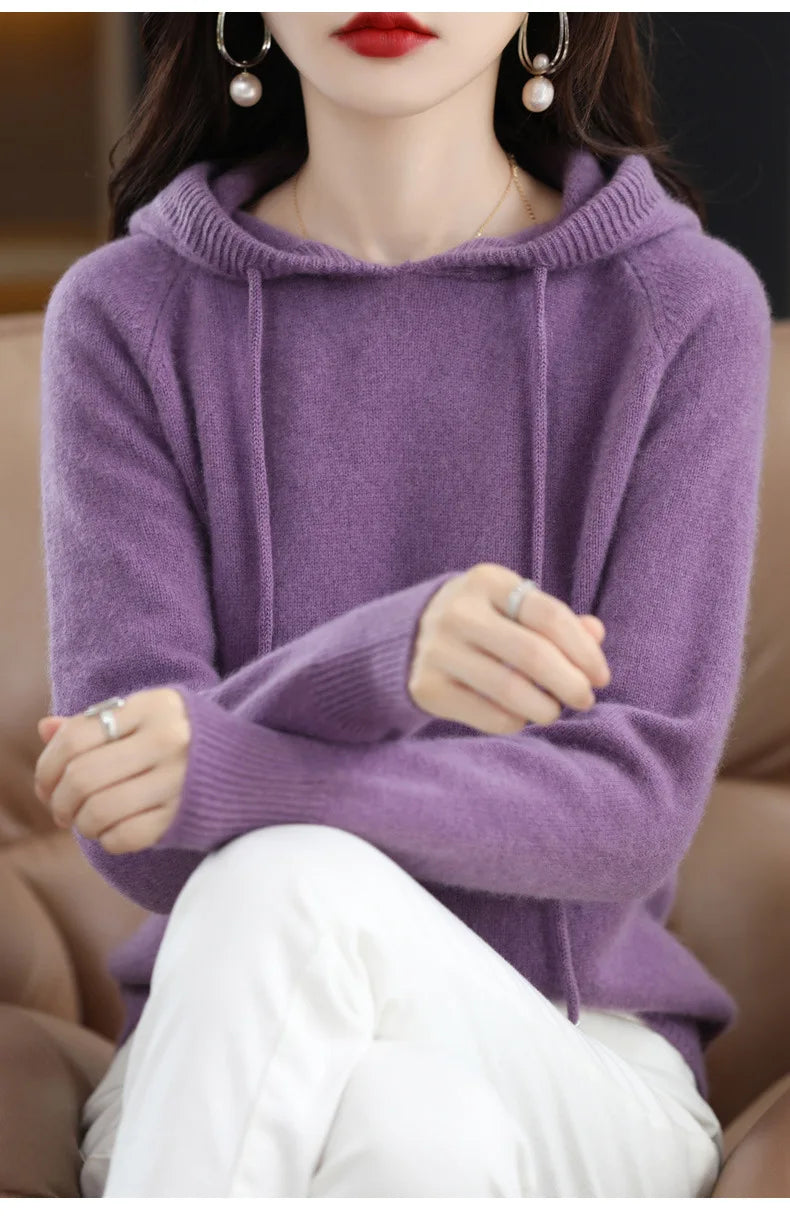 Maglione Con Cappuccio Donna Autunno Inverno Maniche Lunghe Tinta Unita Felpa Lavorata A Maglia Con Coulisse Allentate