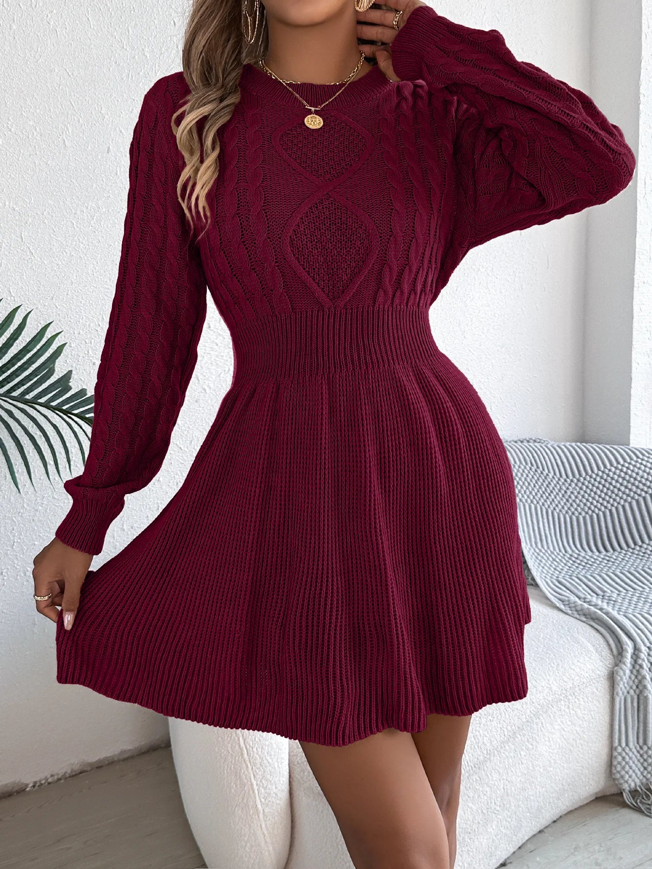 Vestito Maglia Da Donna Scollo A O Manica Lanterna Vita Alta Mini A Trapezio Solido Casual Chic Per Donne Moderne