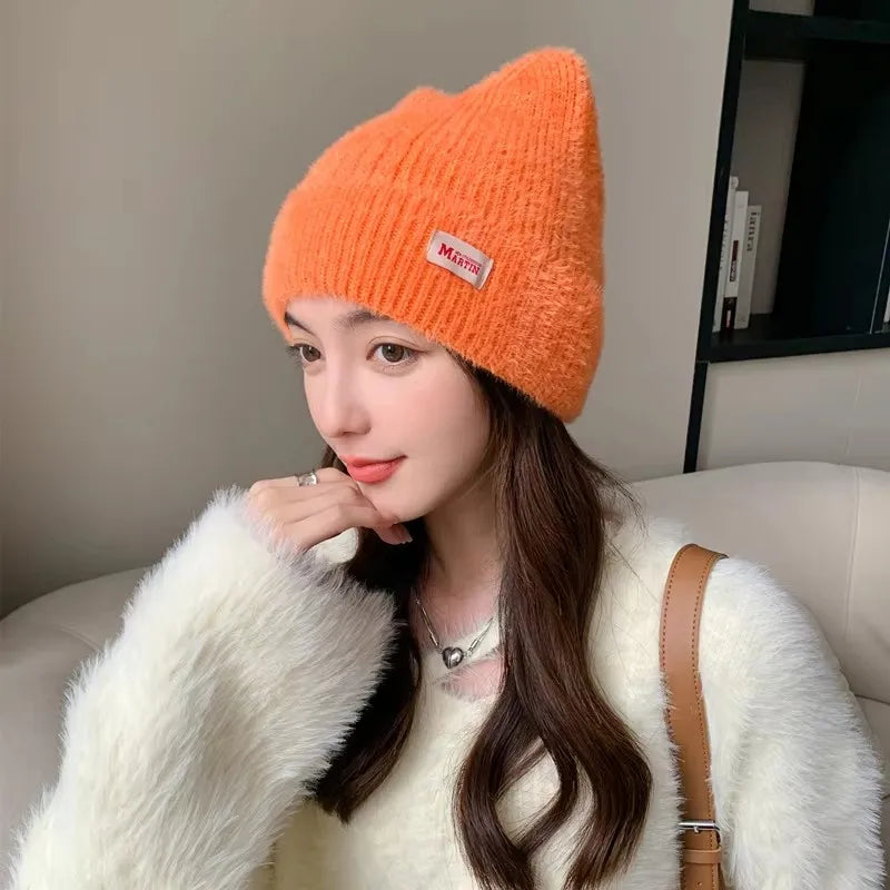 Cappello Invernale Femminile con Orecchie da Gatto Pelliccia Sintetica Lavorato a Maglia Stile Kpop Morbido Berretto