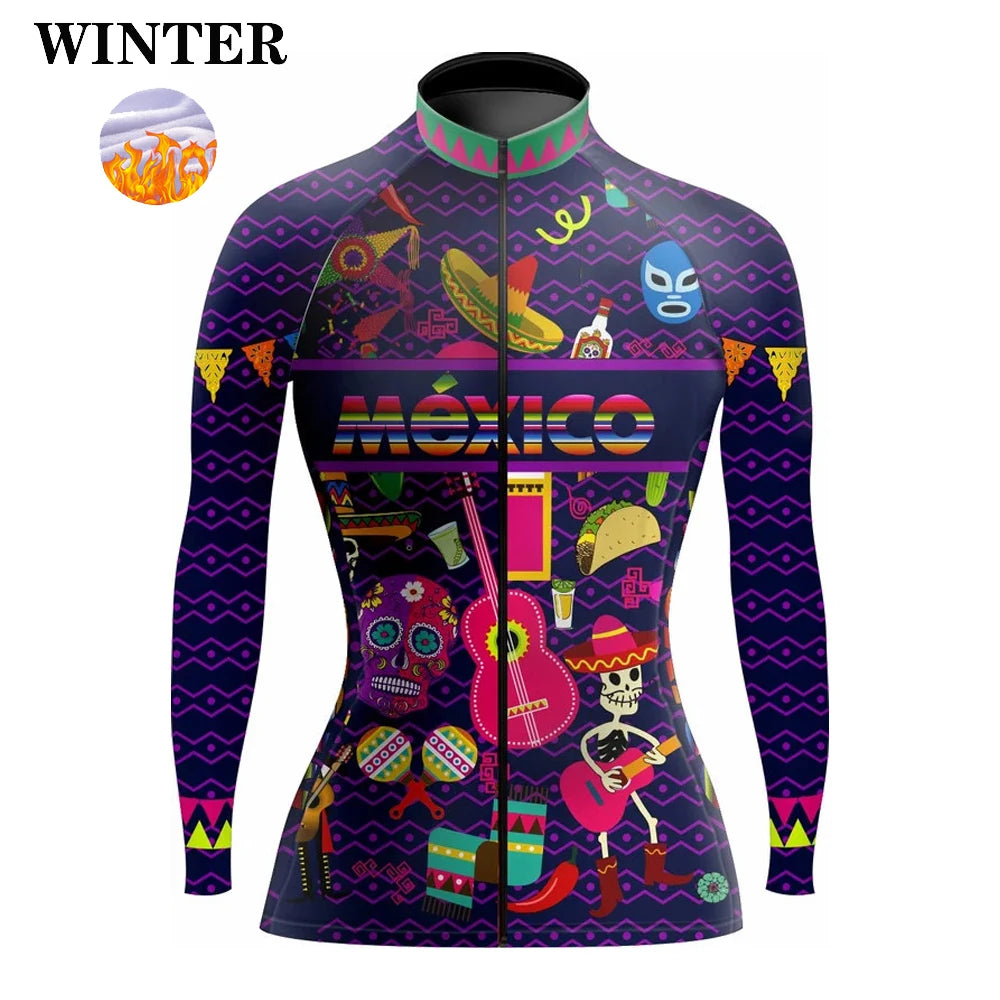 Maglia Ciclismo Da Donna A Maniche Lunghe Stile Messico Primavera Autunno Inverno Con Fodera In Pile Leggera E Calda