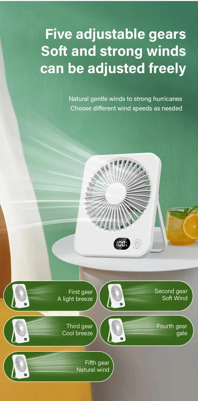Ventilatore Da Tavolo Portatile Silenzioso Con Display Regolabile Ricaricabile A Cinque Velocità Pieghevole Da Scrivania