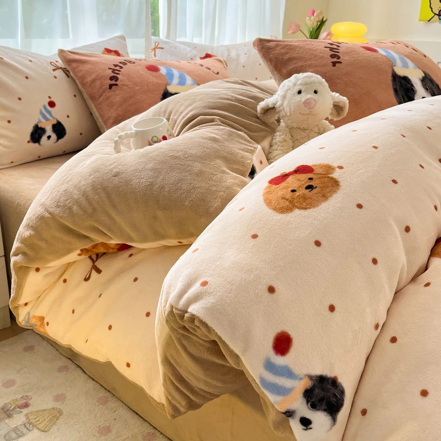 Set Biancheria Da Letto 4 Pezzi In Pile Latte Stampato Invernale Duvet Copripiumino Stile Semplice Accogliente GSM 130