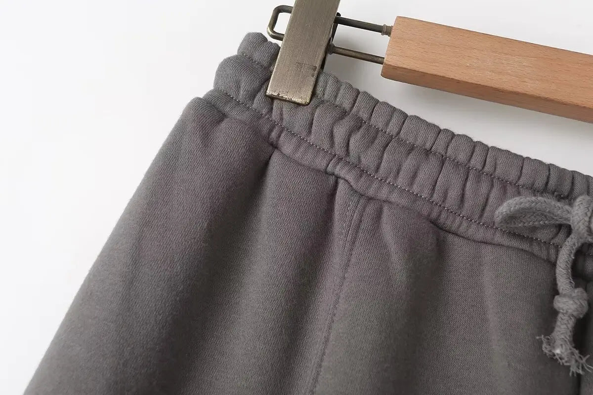 Giacche Bomber Donna Autunno 2 Pezzi Retro Tinta Unita Con Zip Pantaloni A Gamba Larga Con Lacci A Vita Alta Street Wear