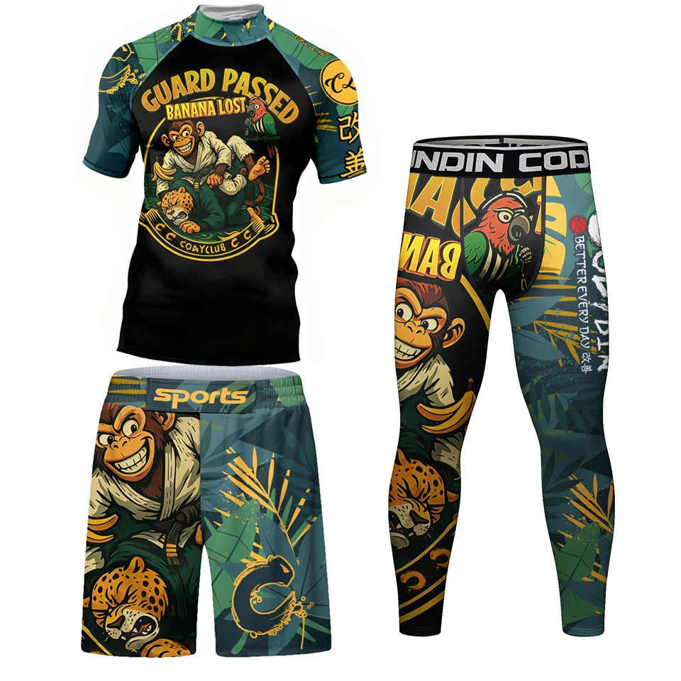 Nuovo Set MMA Da Quattro Pezzi T Shirt Rash Guard Ad Asciugatura Rapida E Pantaloncini Da Combattimento Uomo No Gi BJJ
