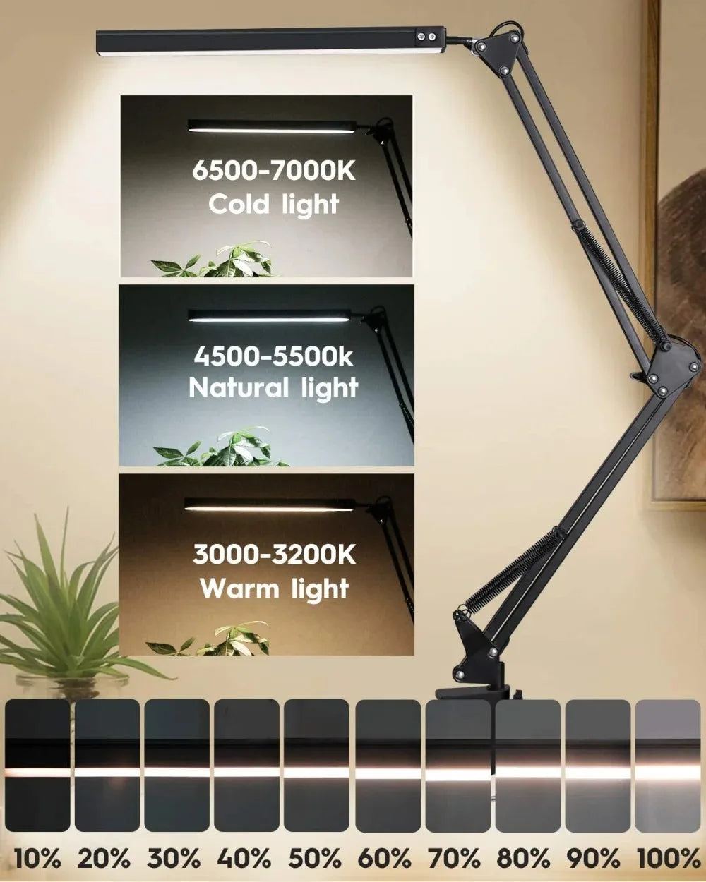 Lampada Da Scrivania Pieghevole A LED In Metallo Con Clip E Braccio Lungo Dimmerabile Tre Colori Regolabili Per Computer