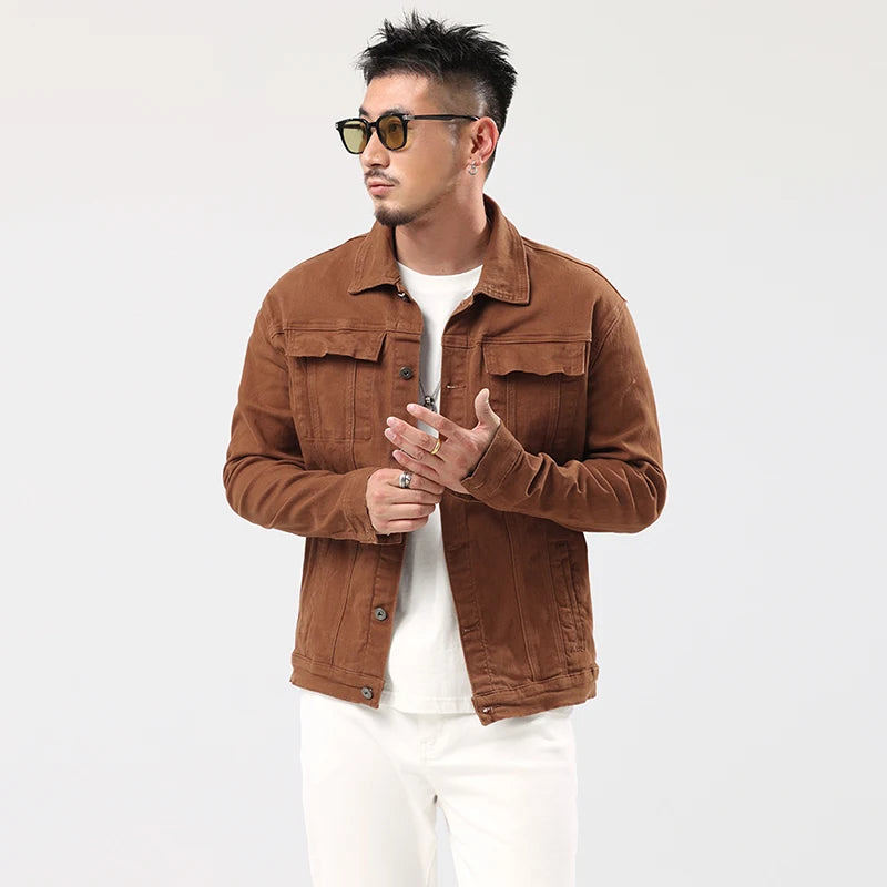 Giacca Jeans Caramello da Uomo 2025 Primavera Autunno Nuovo Stile Slim Elasticizzata Classica Moda