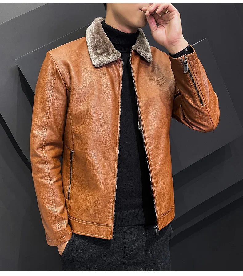 Giacca In Pelle Ispessita Da Uomo Invernale Con Cerniera E Bavero Design Taglie Forti Bomber