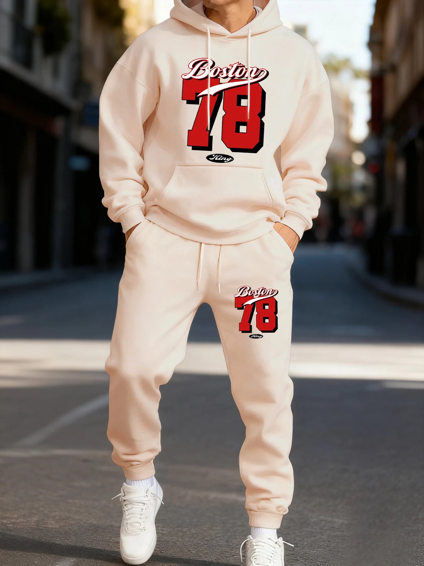 Boston 78 Stampa Felpa Con Cappuccio Da Uomo Due Pezzi Set Autunno Inverno Abbigliamento Sportivo Completo