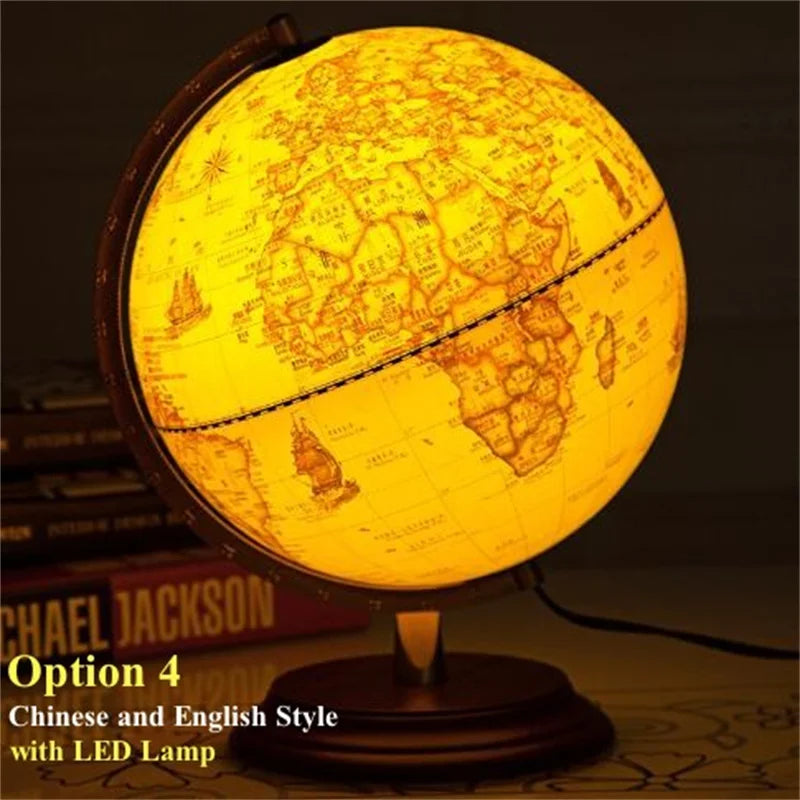 Globo Terrestre 20cm LED Con Base In Legno Di Sequoia Globo Del Mondo Inglese E Cinese HD Stampato 360 Gradi