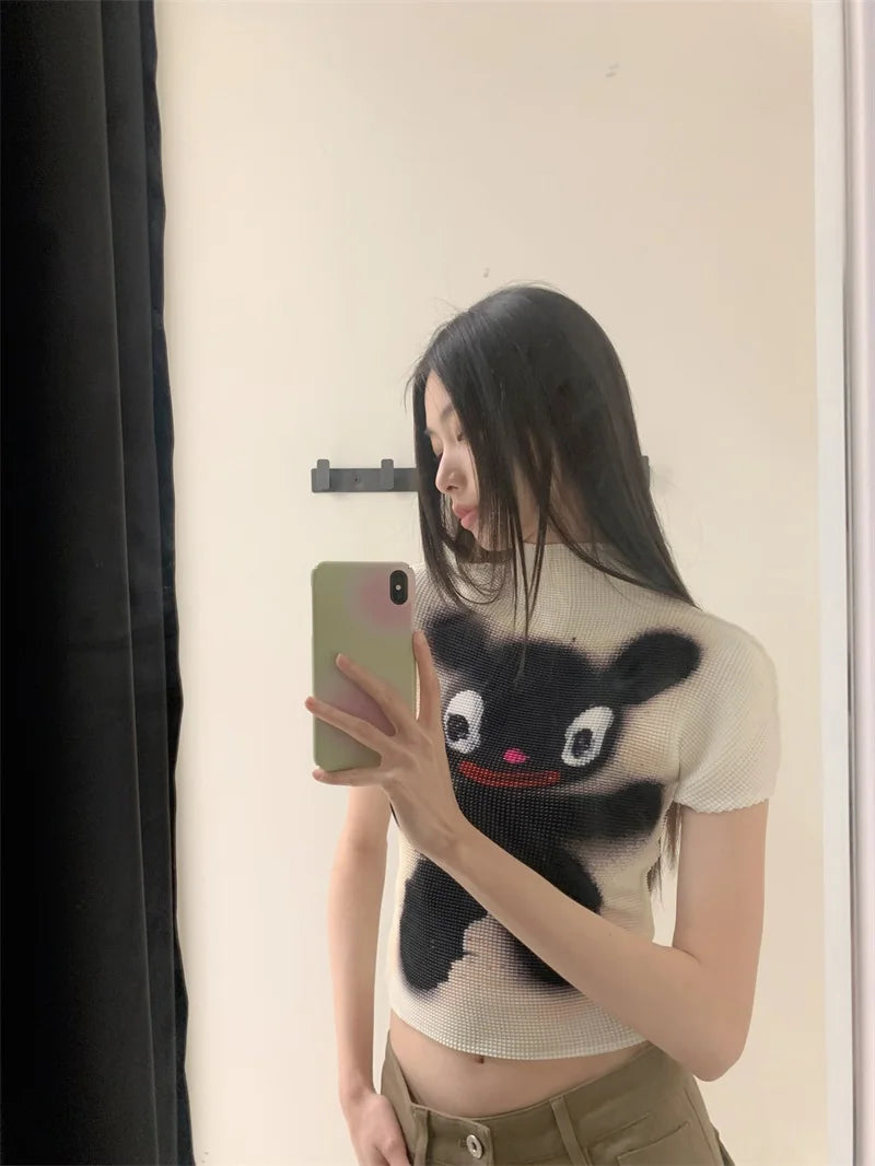 Cheerart Y2K Moda Crop Top Piega Da Donne Estate Manica Corta Kawaii Cartoon T Shirt Abbigliamento