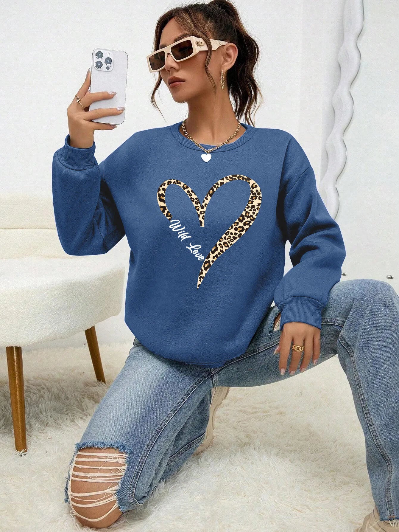 Felpa Da Donna Con Stampa Cuore Leopardato Selvaggio Fodera In Pelliccia Girocollo All Match Abbigliamento Hipster