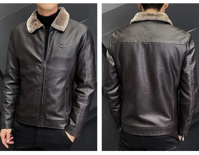 Giacca In Pelle Ispessita Da Uomo Invernale Con Cerniera E Bavero Design Taglie Forti Bomber