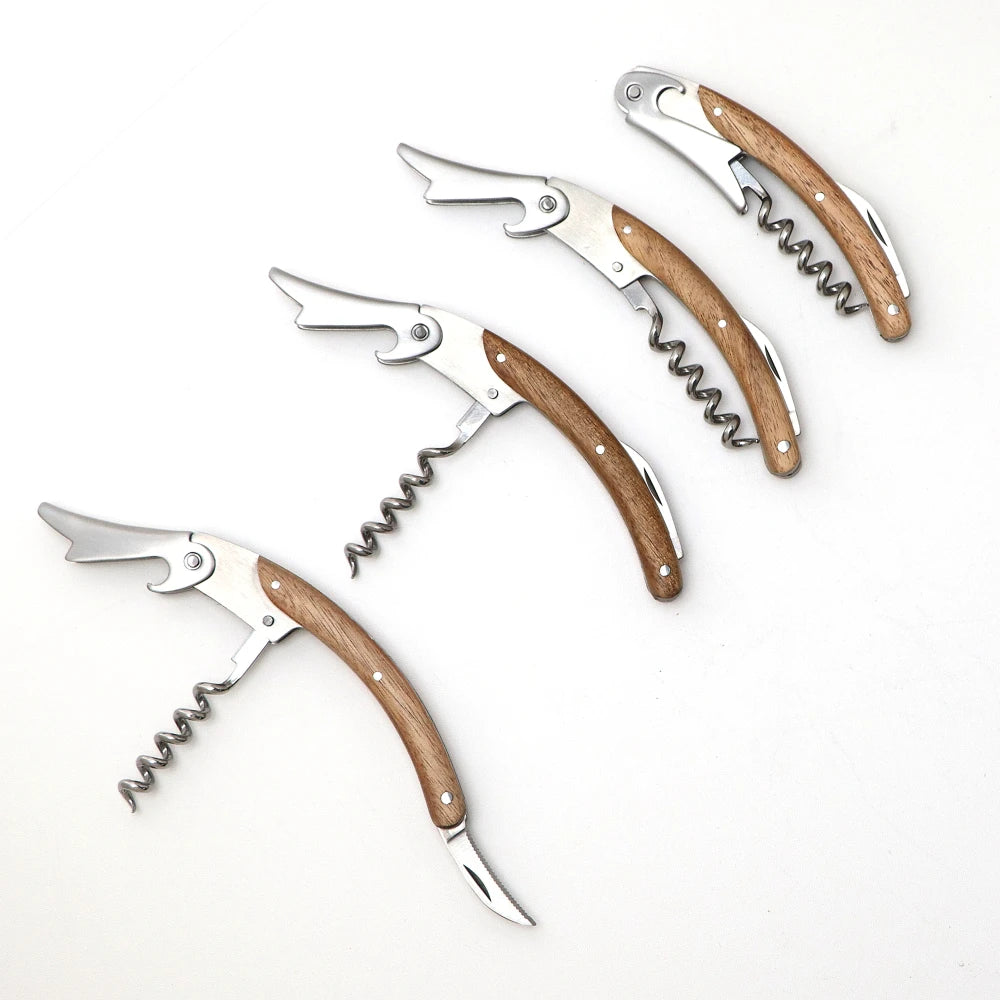 Set Apribottiglie in Legno Naturale 1 2 o 4 Pezzi Cavatappi Micro Serrato con Coltello Affilato per Vino e Birra
