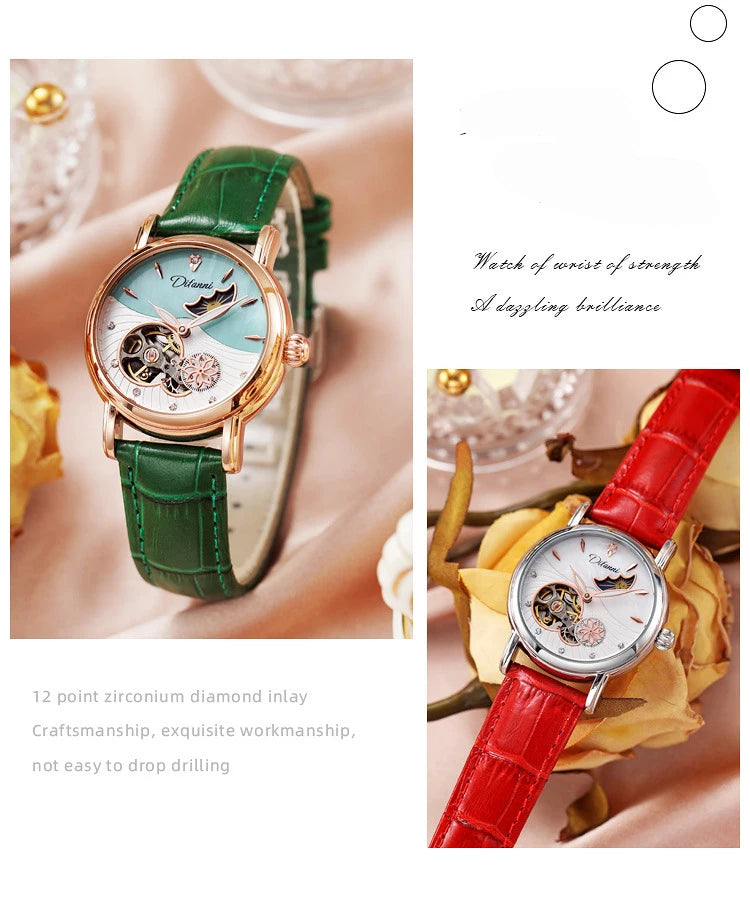 Orologio Da Donna Automatico Impermeabile Con Fasi Lunari E Fiori Girevoli Lusso Di Marca Pregiata