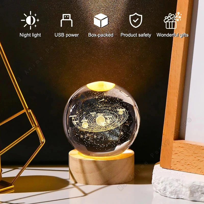 Sfera Di Cristallo 3D Luce Notturna Lampada A LED Per Comodino Galassia Saturno Pianeti Luna 5 Cm Regalo Per Bambini