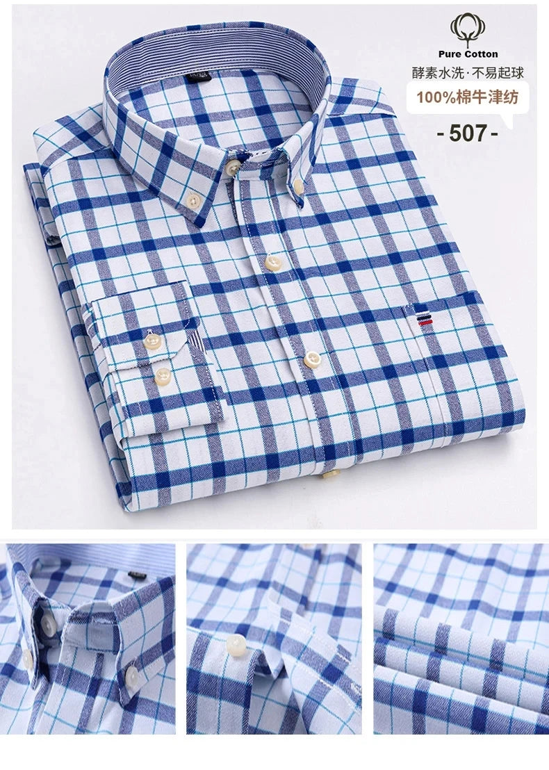 Camicia Da Uomo In Cotone Oxford A Quadri Maniche Lunghe Vestibilità Regolare Con Tasca Frontale