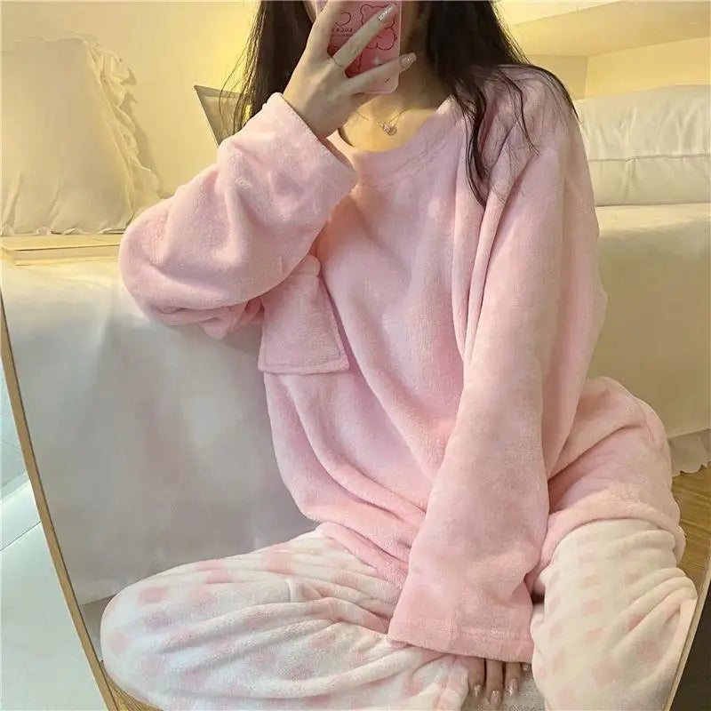 Pigiama Da Donna Caldo In Pile Set Pigiama Invernale Morbido Top Solido E Pantaloni Scozzesi Per Casa