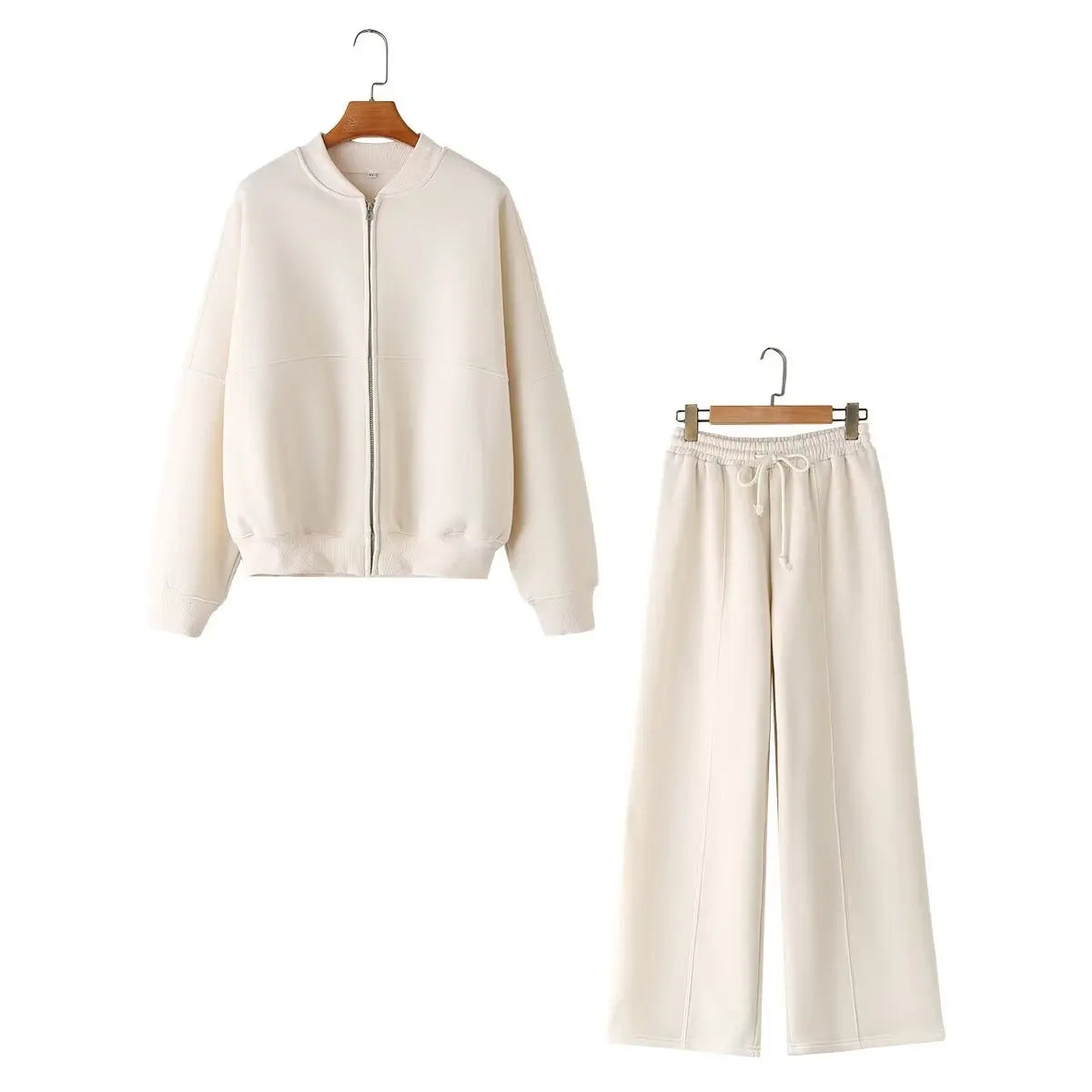 Giacche Bomber Donna Autunno 2 Pezzi Retro Tinta Unita Con Zip Pantaloni A Gamba Larga Con Lacci A Vita Alta Street Wear