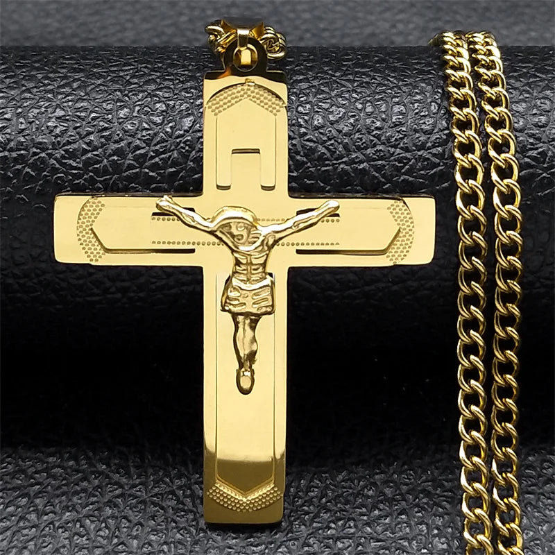 Collana Croce Biblica In Acciaio Inossidabile Pendente Gesù Lunga Unisex Uomo Donna Gioielli Religiosi